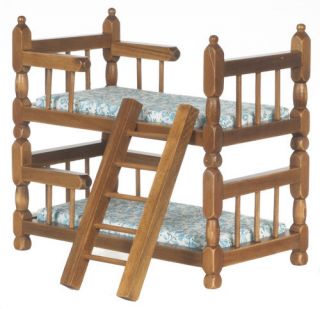 Dollhouse miniature bunkbed bedroom furniture or twin beds walnut wood 