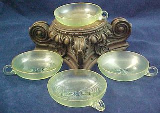 Lovely Antique Victorian Vaseline Threaded Art Glass Bowl w Handle Set 