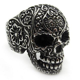 Mens PUNK gothic poker skull stainless steel silver flower finger 