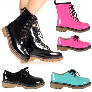 Womens Patent Boots Lace Up Mid Calf Combat Military Boot High Top 