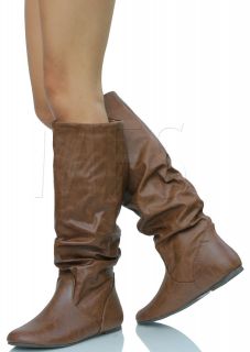 Tan Faux Leather Slouchy Faux Suede Knee HIgh Flats Boots SODA Zuluu 