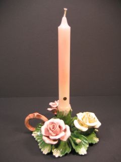   Capodimonte Porcelain Art Pottery Candle Stick Holder Roses Italy