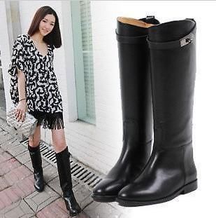 Women genuine leather knee high heeled riding boots Black Brown