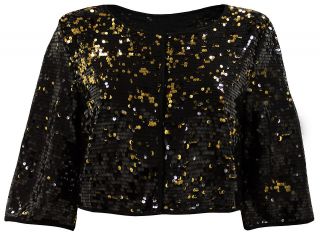 Ladies Plus Size Black & Gold Cropped Sequin Evening Jacket #778