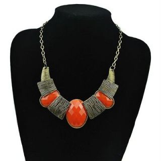Vintage Elegant Retro Orange Stones Brass Tassels & Chain Necklace 