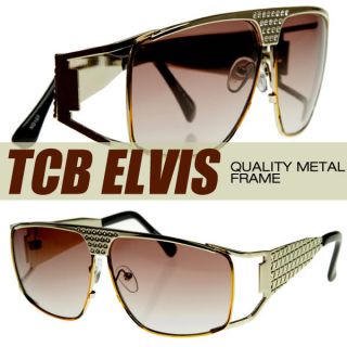 Large Metal Elvis Style Glasses Sunglasses w/ Rhinestones (Shiny Gold 