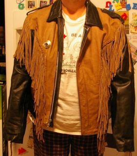 Womens Black & Tan Leather King Thinsulate 3M Jacket w/ Fringes