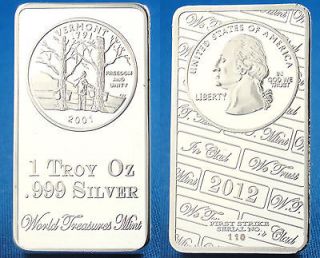 2012 1 Troy Oz .999 SILVER Maple Tree VERMONT STATE QUARTER Clad Bar 