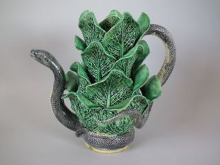 Large Majolica Palissy cabbage&snake teapot&cover