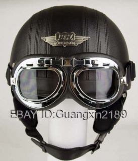 New Black Leather Retro Motorcycle Scooter Half Open Face Helmet 