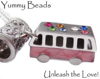 PINK CAMPER VAN DANGLE CHARM WITH SPARKLY RHINESTONES FOR EUROPEAN 