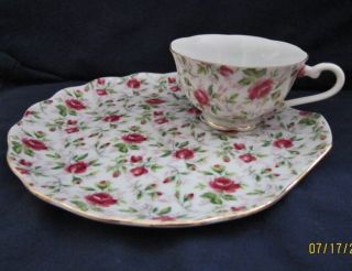 Lefton Rose Chintz Sandwich Plate & Teacup Set Hand Painted #637