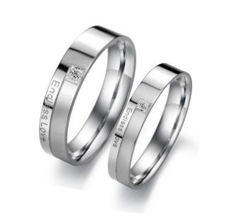   Stainless Steel Endless Love Engraved w/CZ Wedding Band Couple Rings