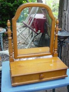 Antique Wood Chest Top Swivel Vanity Mirror w/Jewelry Drawer