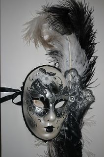 VENETIAN HandmadeMasqueradeHalloween Mask BLack/White Feathers Made 