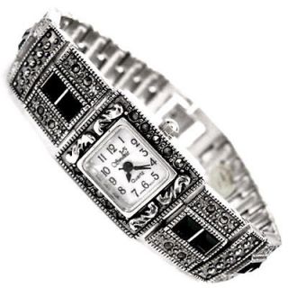   Black Vintage Style Marcasite Crystal Bracelet Womens Jewelry WATCH