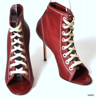 1495 NEW Manolo Blahnik Ligaro Dark Red Leather Lace Up Open Toe 
