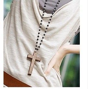 Fashion Necklace Black Beads With Wooden Crucifix Cross Pendant R035 