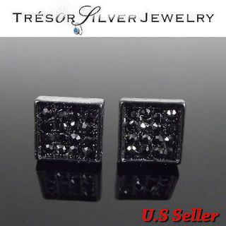 mens black cz crystal micro paved square iced out hip hop stud 
