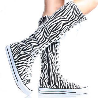 Black White Zebra Canvas Lace Up Women Flat Knee High Boot Sneakers 