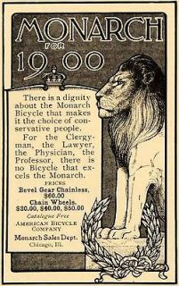 1900 Ad Lion Monarch Bicycle Bikes Bevel Gear Chainless   ORIGINAL 