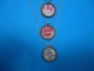 FLAT BOTTLE CAP NECKLACE BIG MIDDLE LITTLE SISTER WITH A 18 SILVER 