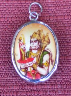 Hindu Deity Pendant Metal and Enamel HANUMAN w/ Brown Background