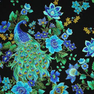 Timeless Treasures Plume Beautiful Peacock Black Floral Cotton Quilt 