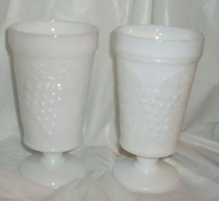 SET OF 4 WHITE MILK GLASS GRAPE GRAPE PEDESTAL GOBLETS VASES