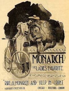 1897 Ad Monarch Cycle Mfg Co. Bicycle Woman & Lion   ORIGINAL 