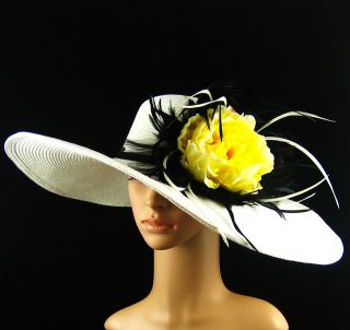 NEW Church Kentucky Derby WHITE Hat Feathers Wide Brim Dress Wedding 
