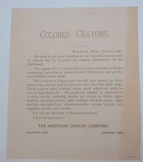 1896 handbill American Crayon Company Sandusky OH Waltham MA Lecturer 
