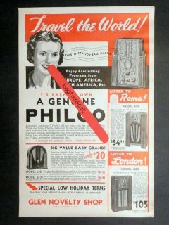 original 1937 PHILCO RADIO AD #1 from RADIO STORE in GLEN CAMPBELL, PA 