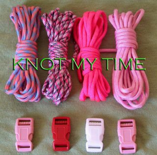   Pink 4 Paracord 550 survival bracelet kits 40 ft with color buckles