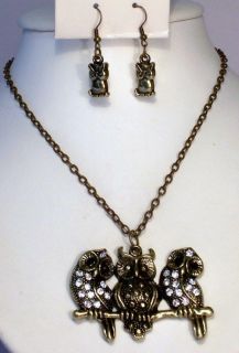 THREE WISE OWLS RETRO STYLE NECKLACE AND EARRING SET WITH CRYSTALS g