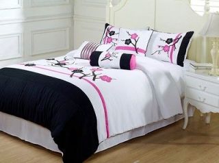 7pcs Pink White Black Sakura Blossom Tree Comforter Bed in a bag Set 
