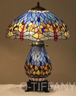 Tiffany Style Stained Glass Lamp Blue Dragonfly w/ Lit Base & Spring 
