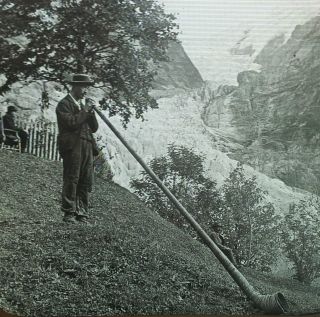 Blowing the Alpine Horn, Grindelwald, Switzerland,Rare Magic Lantern 