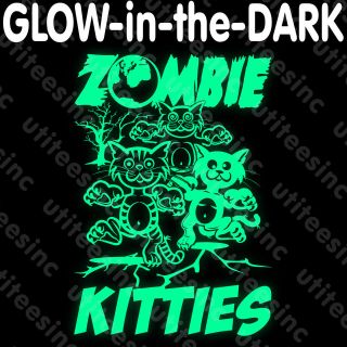 Zombie Kitties GLOW in the DA​RK T SHIRT Funny Scary Halloween Party 