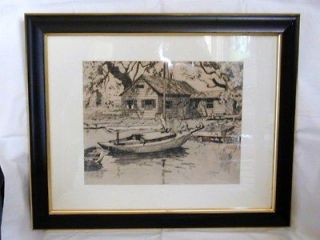 Vintage Framed Sailboat & Cottage Etching Print, Lionel Barrymore, VG 