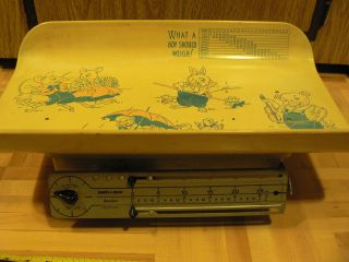 ANTIQUE ENAMEL BABY SCALE HEALTH O METER STORK SCALE WHAT A CHILD 