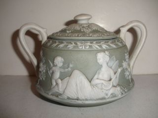 Antique Schafer Vater German Jasperware Sugar bowl Fairy Cherub 