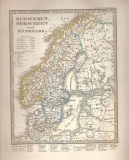 Original 1869 German Map of Sweden, Norway, & Denmark Stielers Atlas