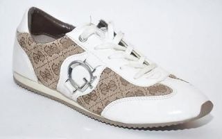 GUESS DAINI Khaki Jacquard Logo White Patent Fashion Sneaker Women 