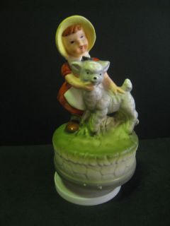 Vintage Made In Japan Ceramic Little Girl & Lamb Figurine Music Box