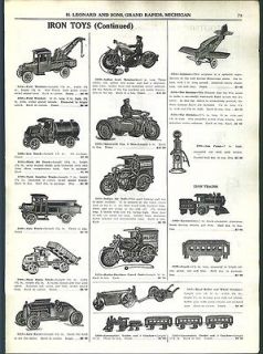 1929 ad Iron Toy Indian Harley Davidson Motorcycles Cop US Mail Side 