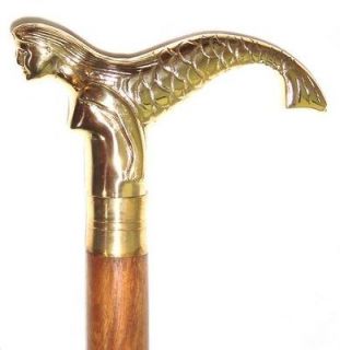polished heavy brass mermaid cane walking stick 