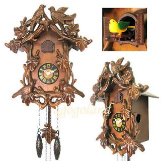 New Classic Hand Carved Birds Sparrows Leaves Wooden Cuckoo Wall Clock 