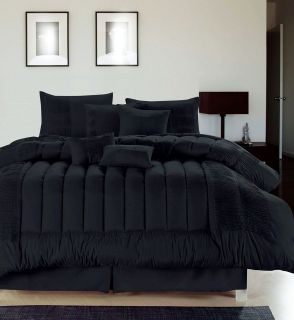   8pc Washable svll Luxury Comforter Bed Skirt Bedding Set Solid Black