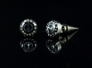   & peace CZ stud earrings stainless steel mens ladys womens gift